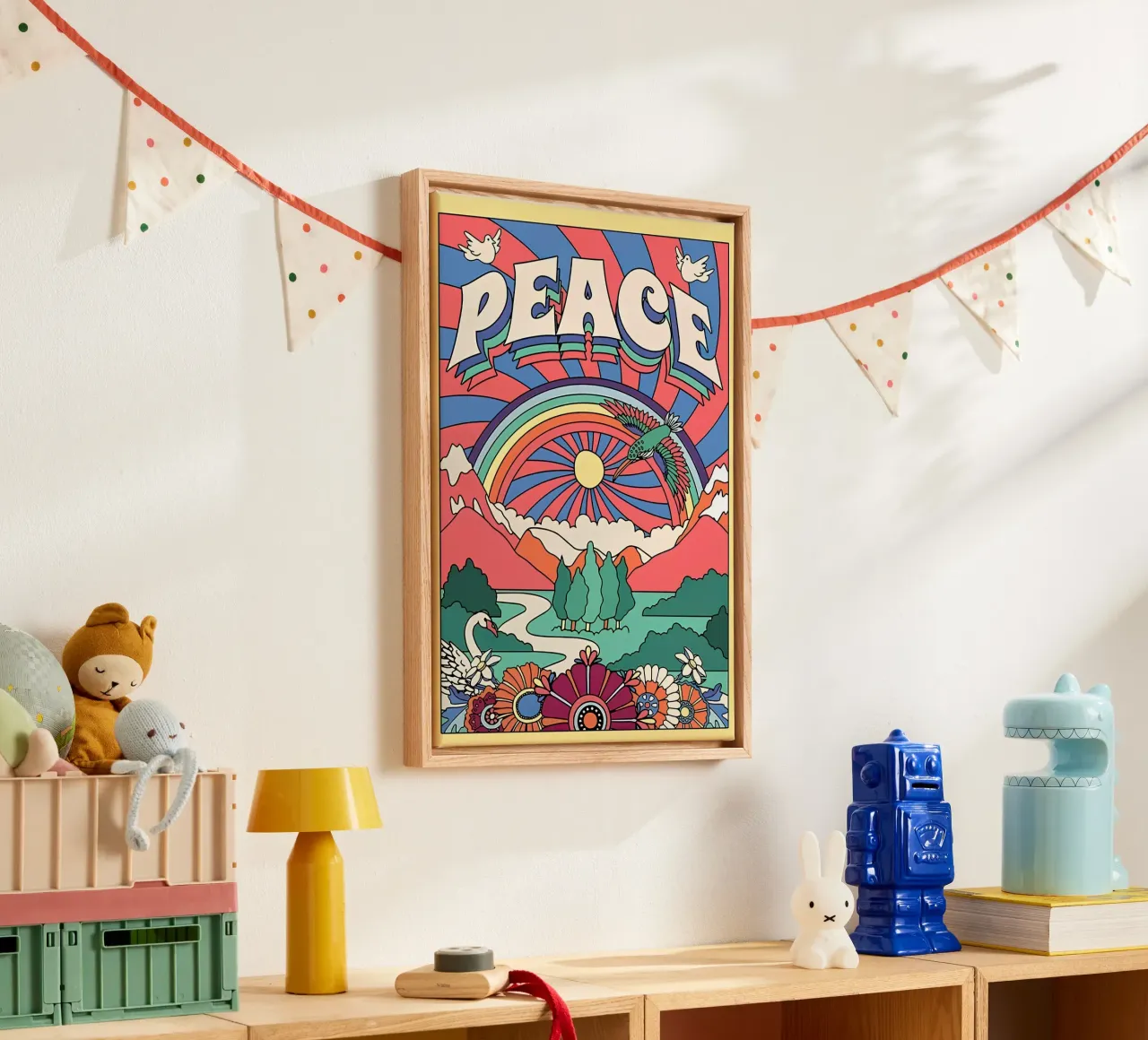 Pop Art "Peace" Psichedelico Groovy anni '70 floreale a raggi di sole tela con Cornice a cassetta da NorwesClub