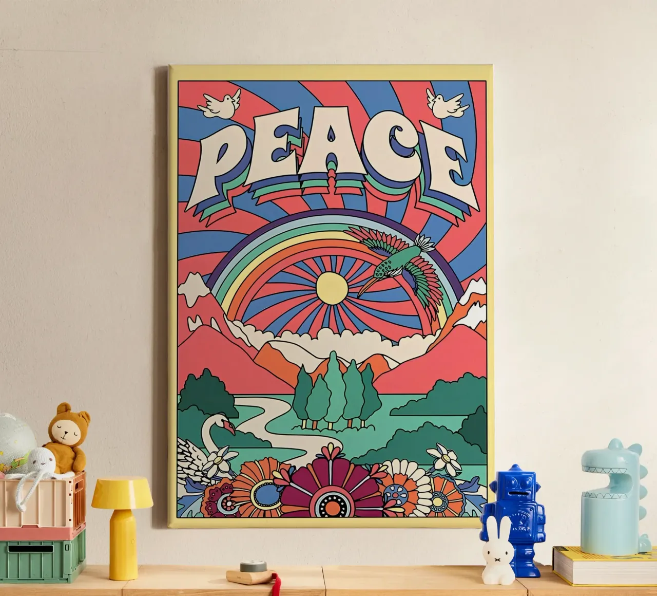 Pop Art "Peace" Psichedelico Groovy anni '70 floreale a raggi di sole tela con Cornice a cassetta da NorwesClub