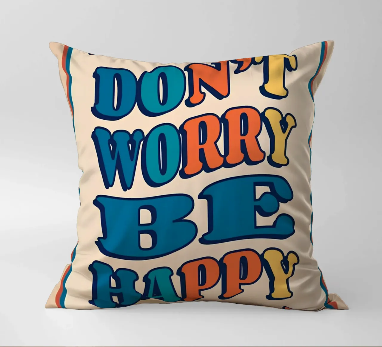 "Don't Worry Be Happy" Retro Groovy Optimistic Art Print decorative cushion by NorwesClub