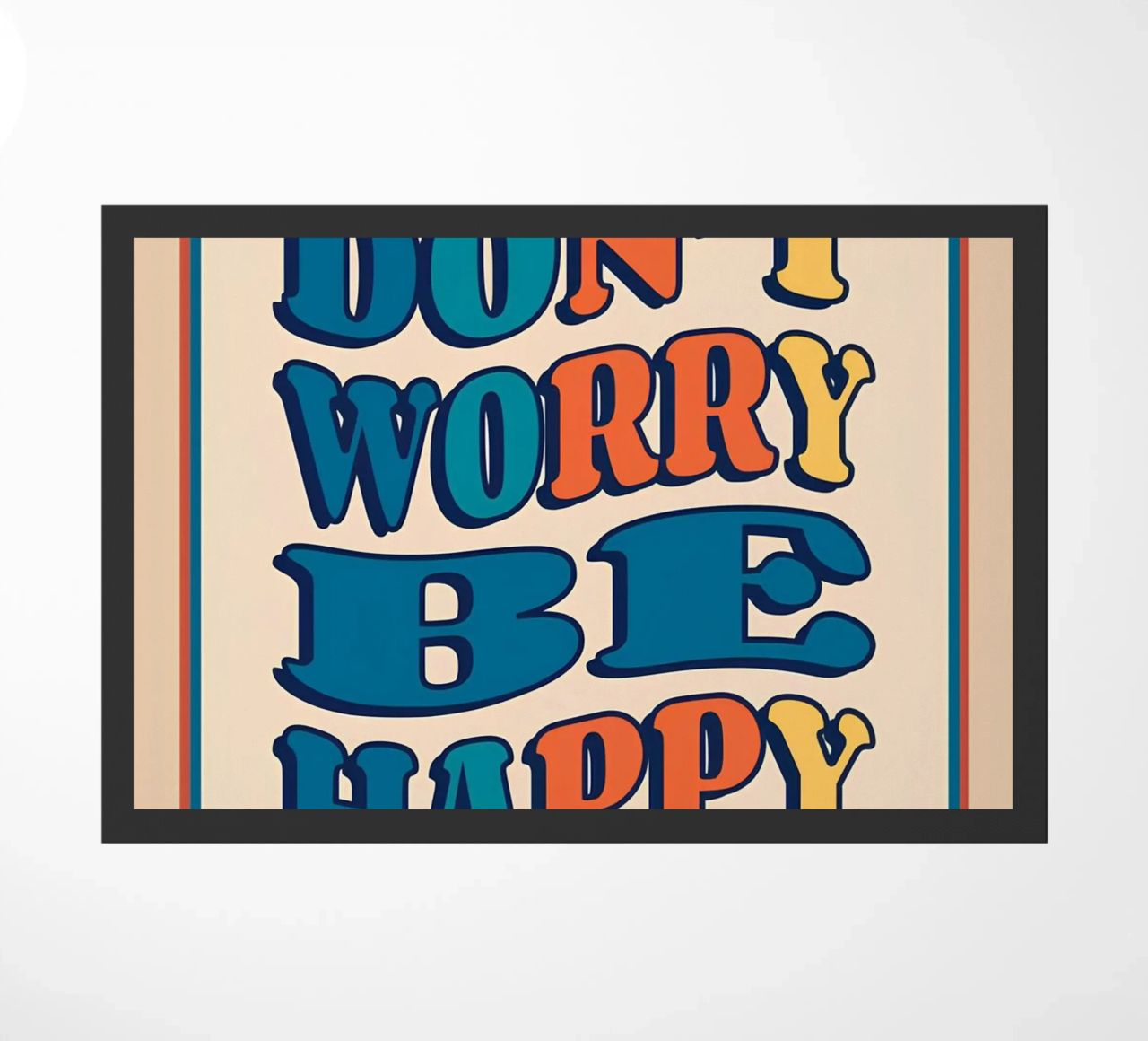 "Don't Worry Be Happy" Retro Groovy Optimistic Art Print doormat by NorwesClub