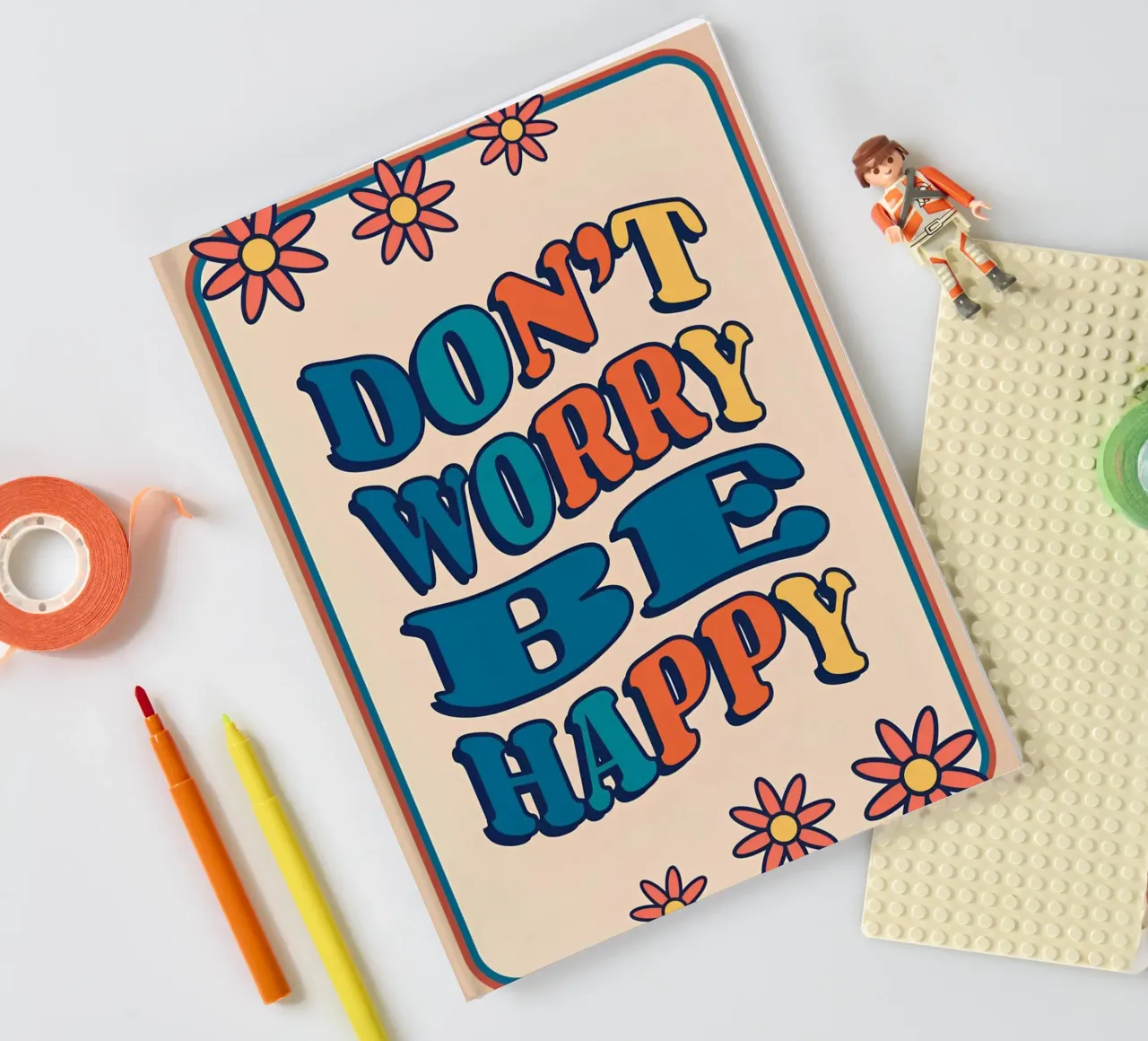 "Don't Worry Be Happy" Retro Groovy Optimistic Art Print notebook by NorwesClub
