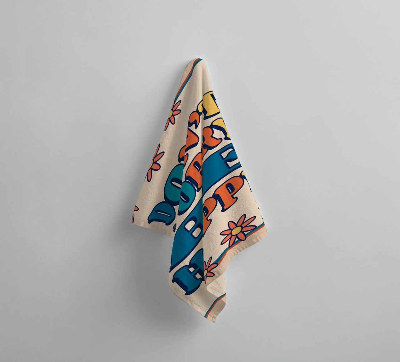 "Don't Worry Be Happy" Retro Groovy Optimistic Art Print towel by NorwesClub