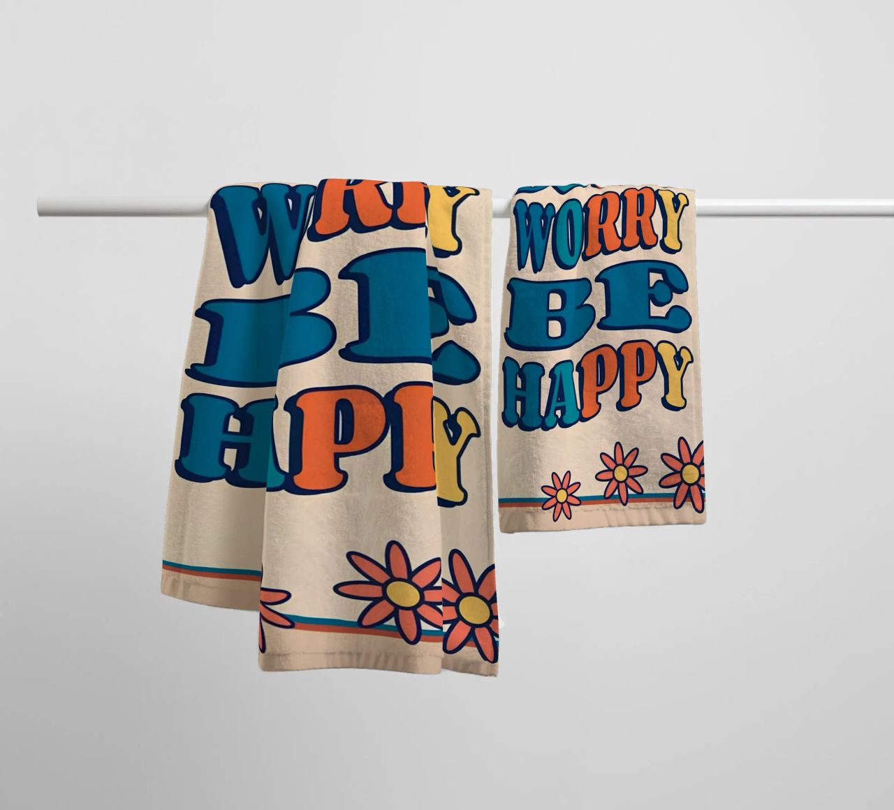 "Don't Worry Be Happy" Retro Groovy Optimistic Art Print towel by NorwesClub