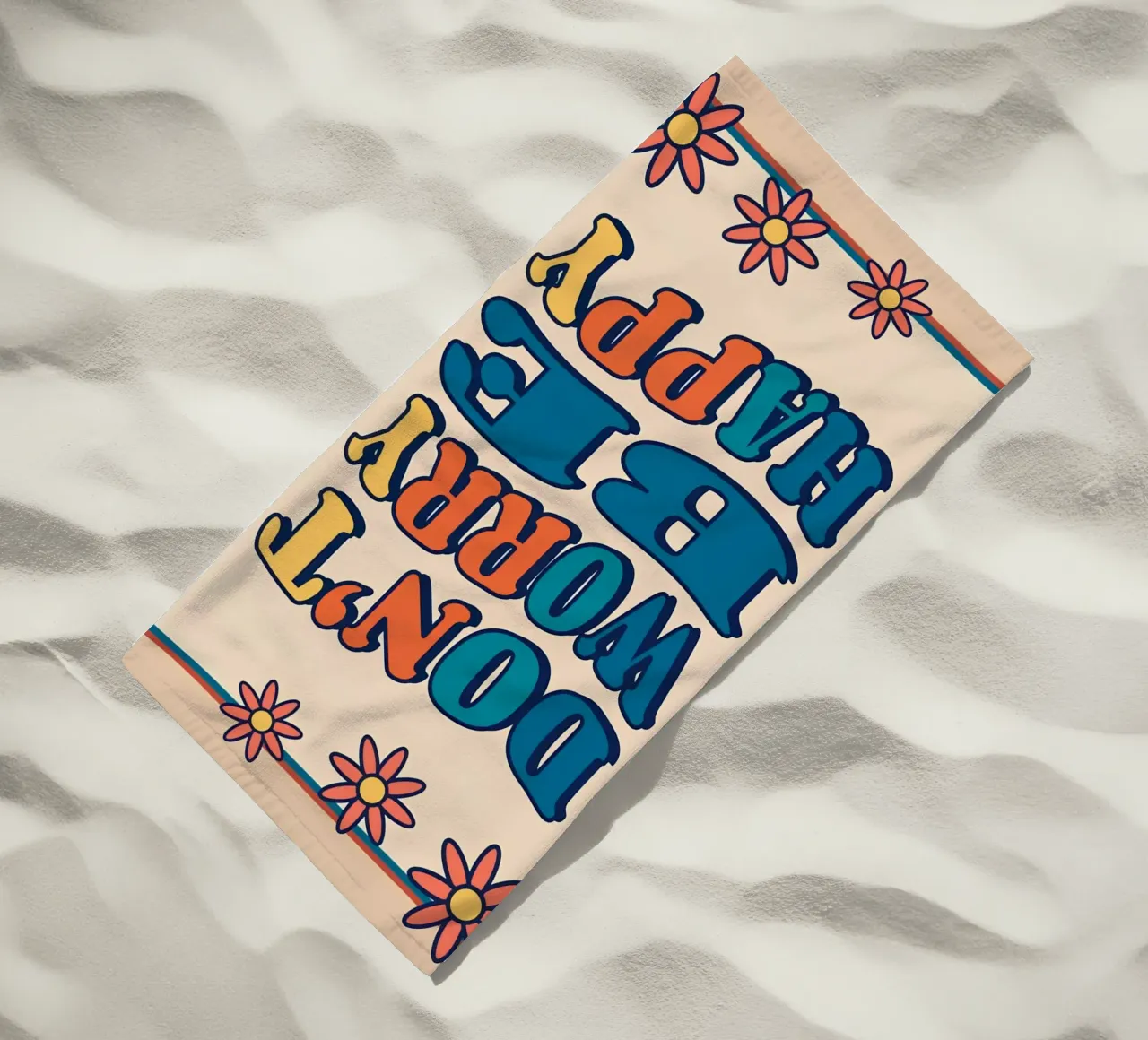 "Don't Worry Be Happy" Retro Groovy Optimistic Art Print beach towel by NorwesClub