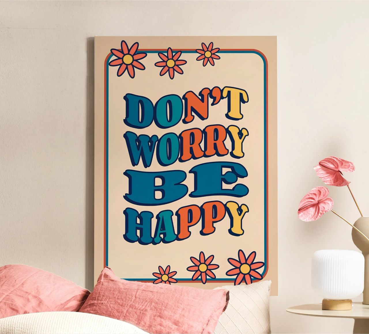 "Don't Worry Be Happy" Retro Groovy Optimistic Art Print canvas by NorwesClub