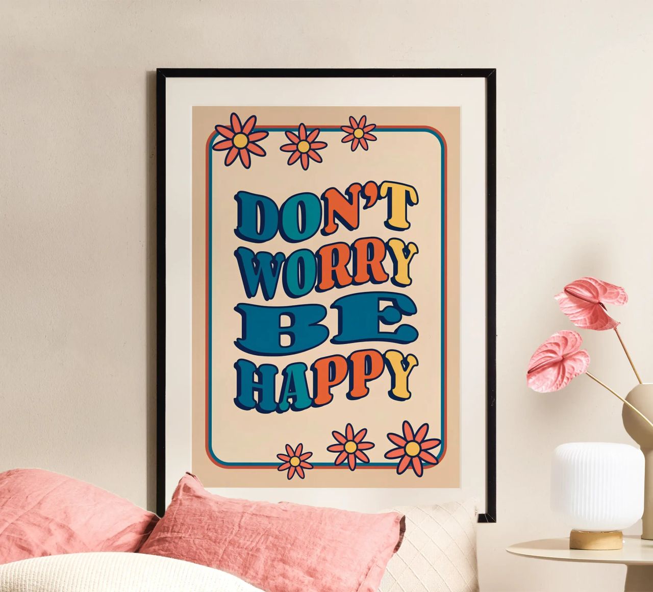 "Don't Worry Be Happy" Retro Groovy Optimistic Art Print hahnemühle by NorwesClub