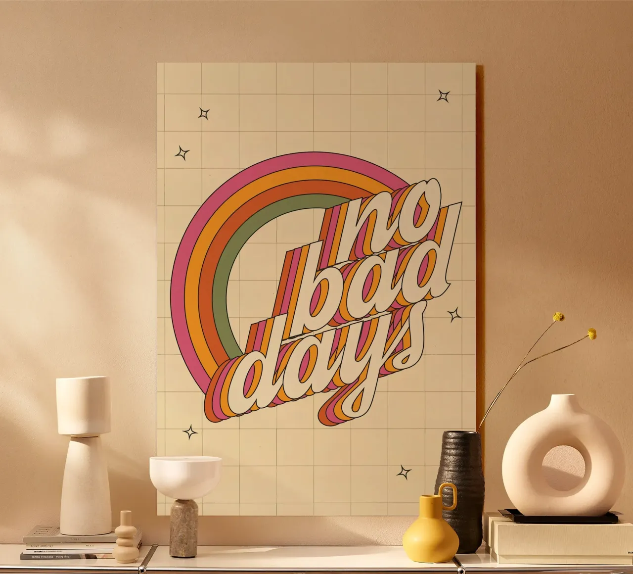 "No Bad Days" Psychedelic Retro Happy Faces Sun Pop Art alluminio dibond da NorwesClub