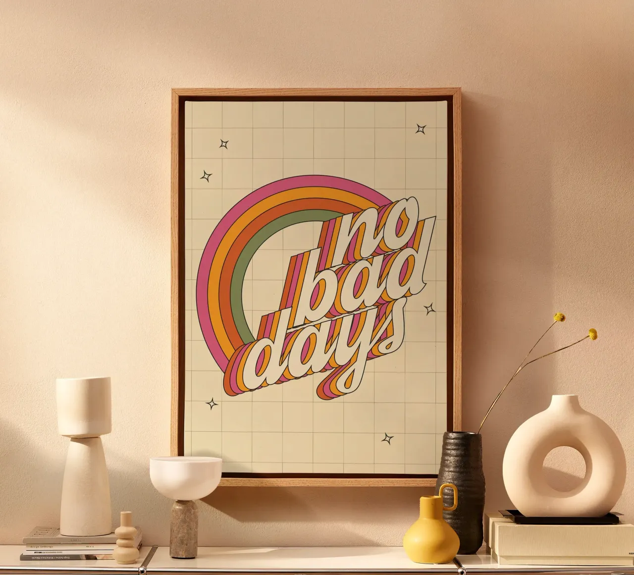 "No Bad Days" Psychedelic Retro Happy Faces Sun Pop Art tela con Cornice a cassetta da NorwesClub