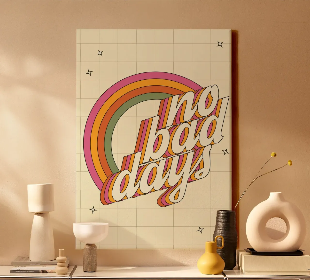 "No Bad Days" Psychedelic Retro Happy Faces Sun Pop Art tela con Cornice a cassetta da NorwesClub