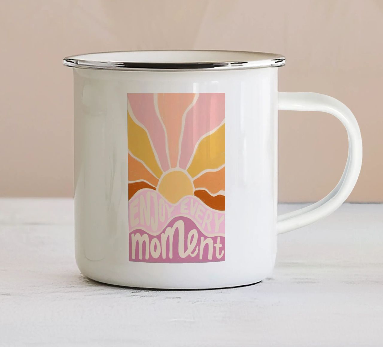 "Enjoy Every Moment" Retro Sun Flower Groovy Pop Art tazza in smalto da NorwesClub