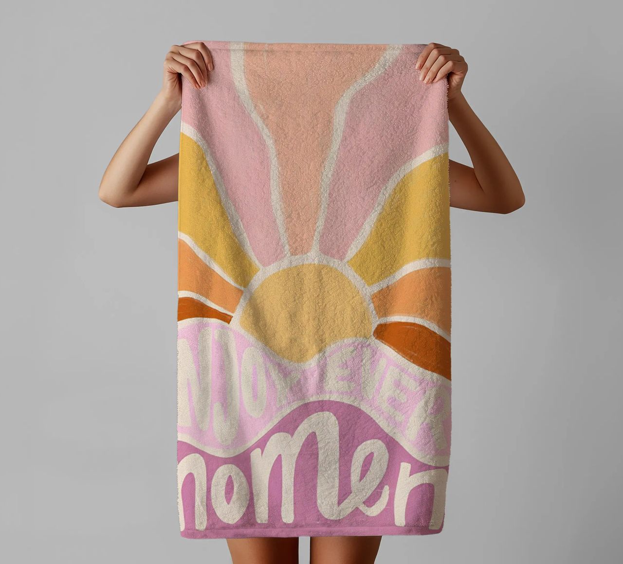 "Enjoy Every Moment" Retro Sun Flower Groovy Pop Art towel by NorwesClub