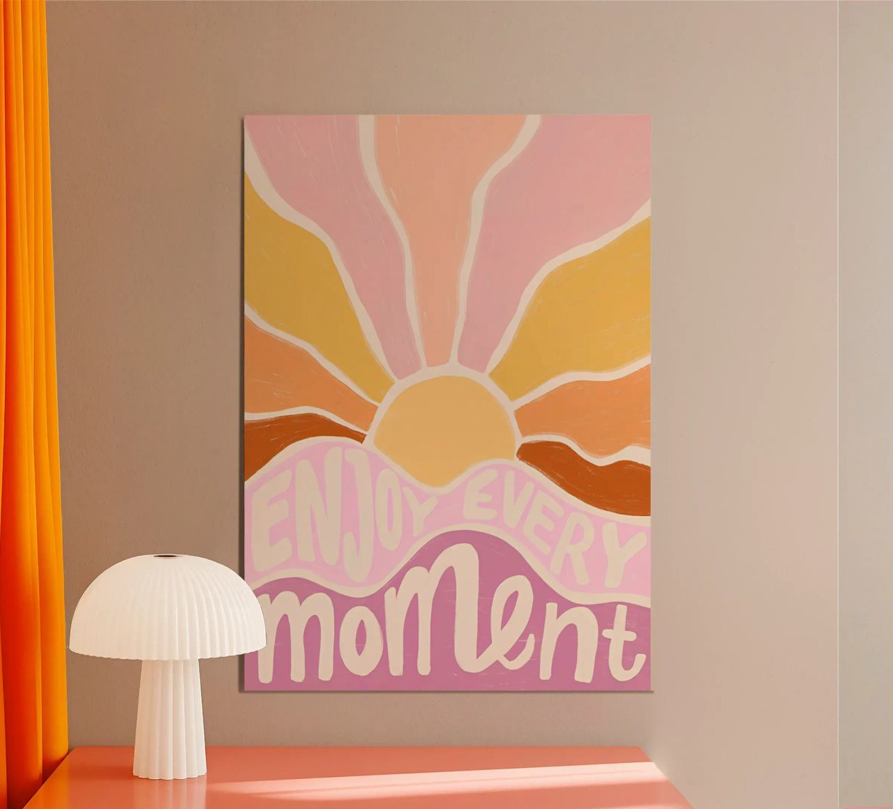 "Enjoy Every Moment" Retro Sun Flower Groovy Pop Art alluminio dibond da NorwesClub