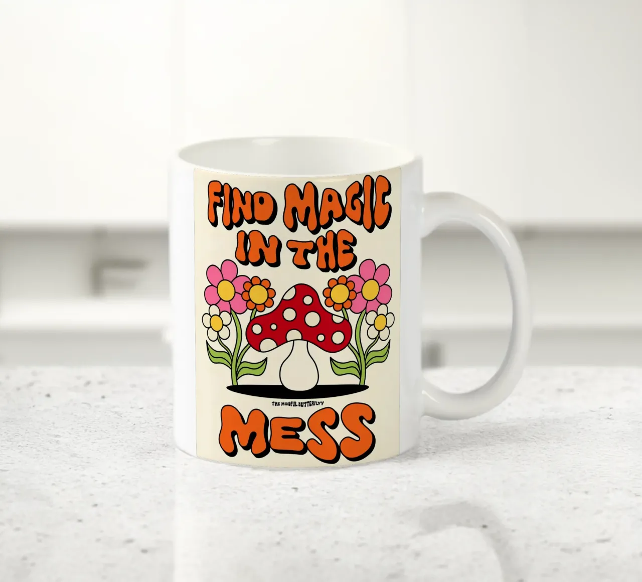 "Magie in de knoei" Retro Paddestoel Groovy Positieve Kunst keramische mok van NorwesClub