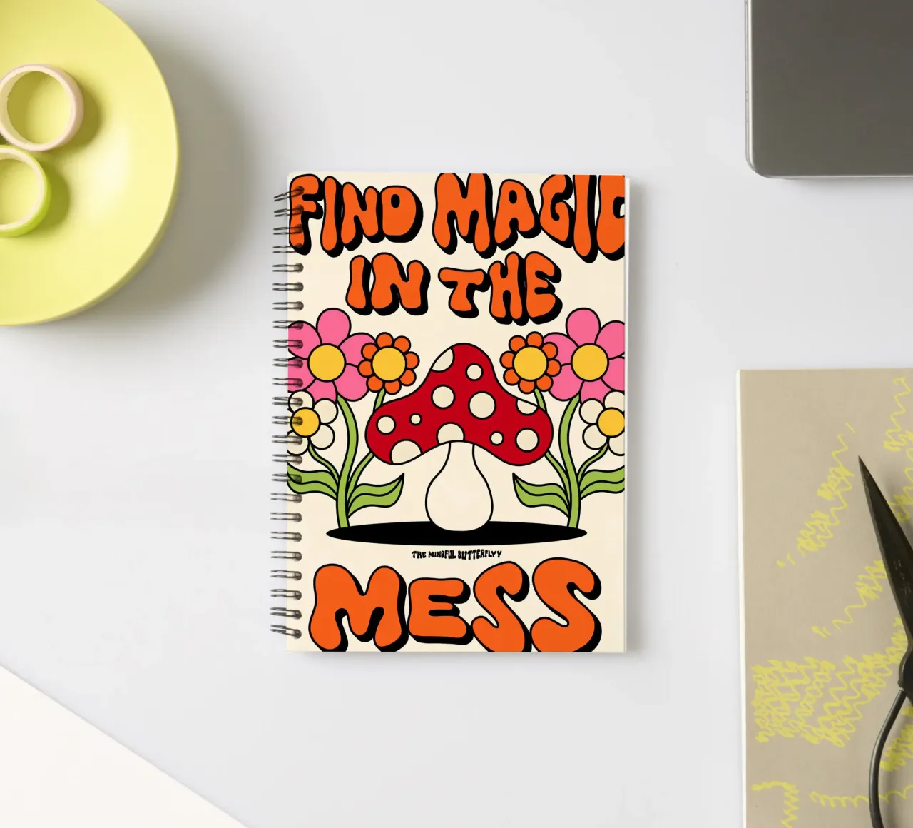 "Magic in the Mess" Retro Mushroom Groovy Positive Art spiral notebook by NorwesClub