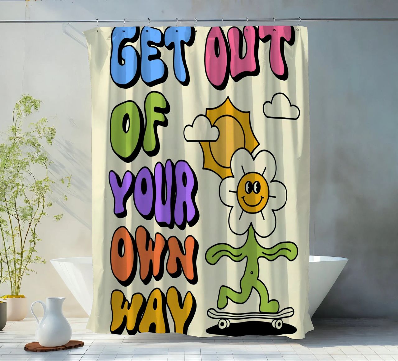 Art d'affirmation psychédélique rétro "Get Out Of Your Own Way" (Sortez de votre propre chemin) rideau de douche de NorwesClub