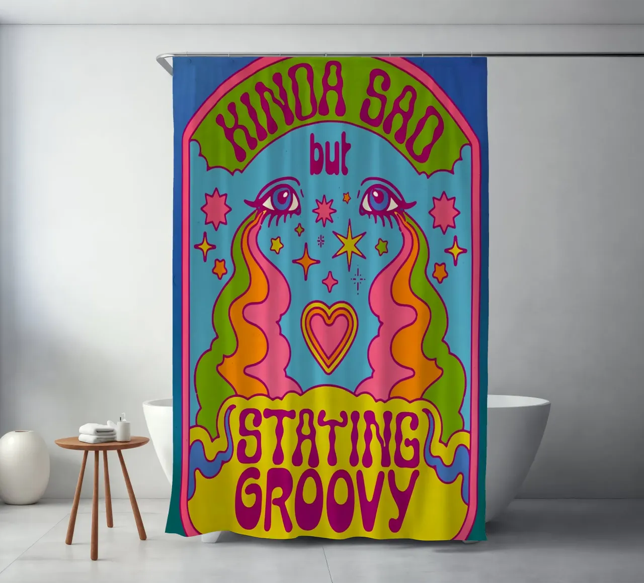 "Kinda Sad But Groovy" Retro Positieve Vibes Pop Art douchegordijn van NorwesClub