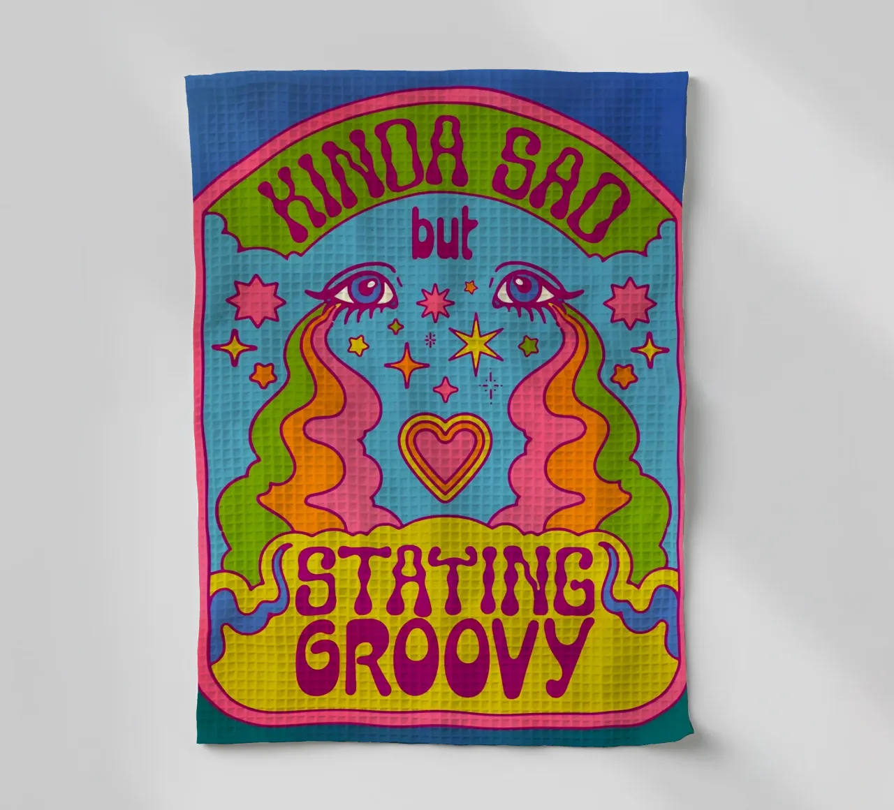 "Kinda Sad But Groovy" Retro Positieve Vibes Pop Art theedoek van NorwesClub