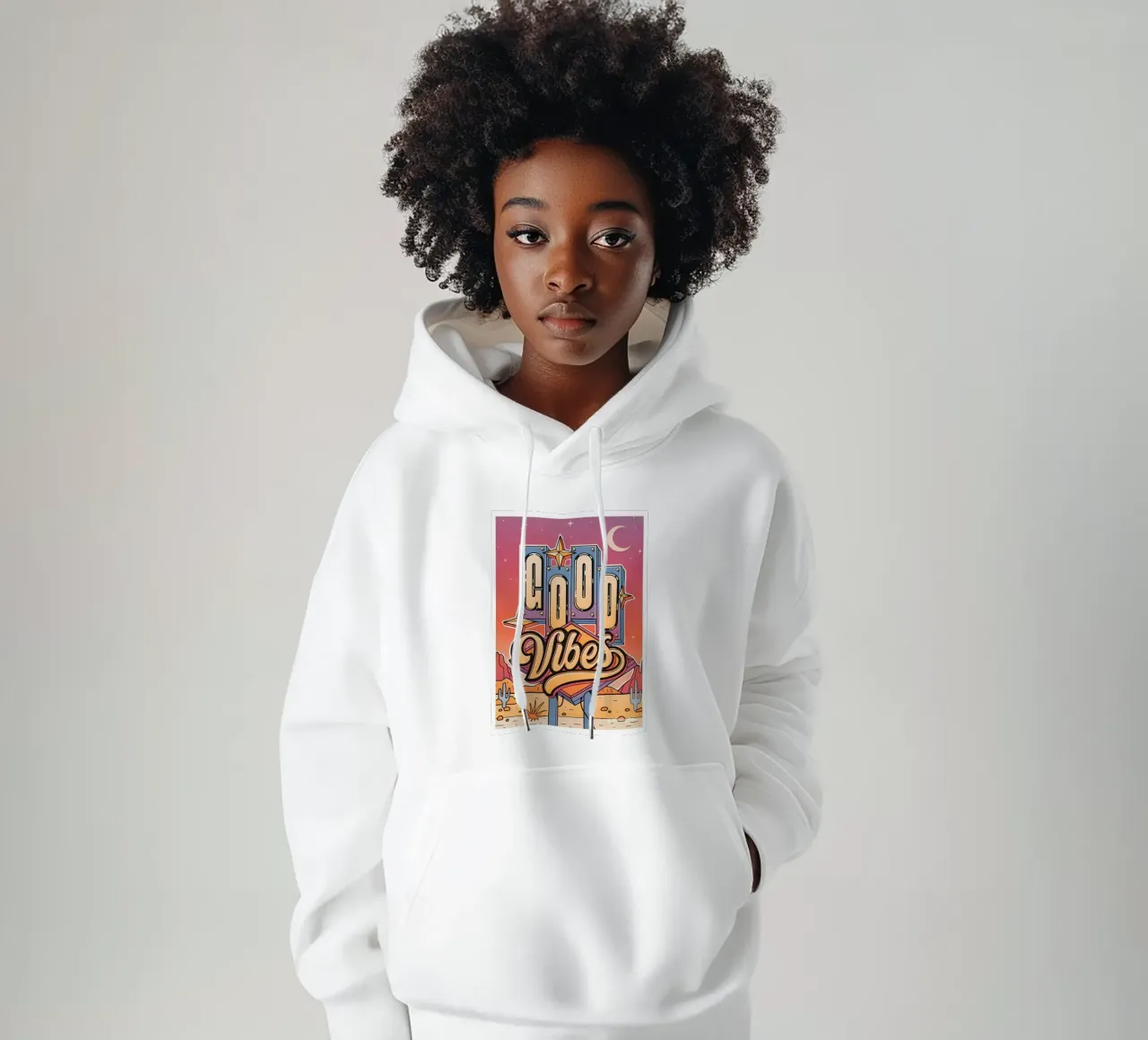 Segno "Good Vibes" Retro Neon Pop Art Groovy stampato felpa con cappuccio da NorwesClub
