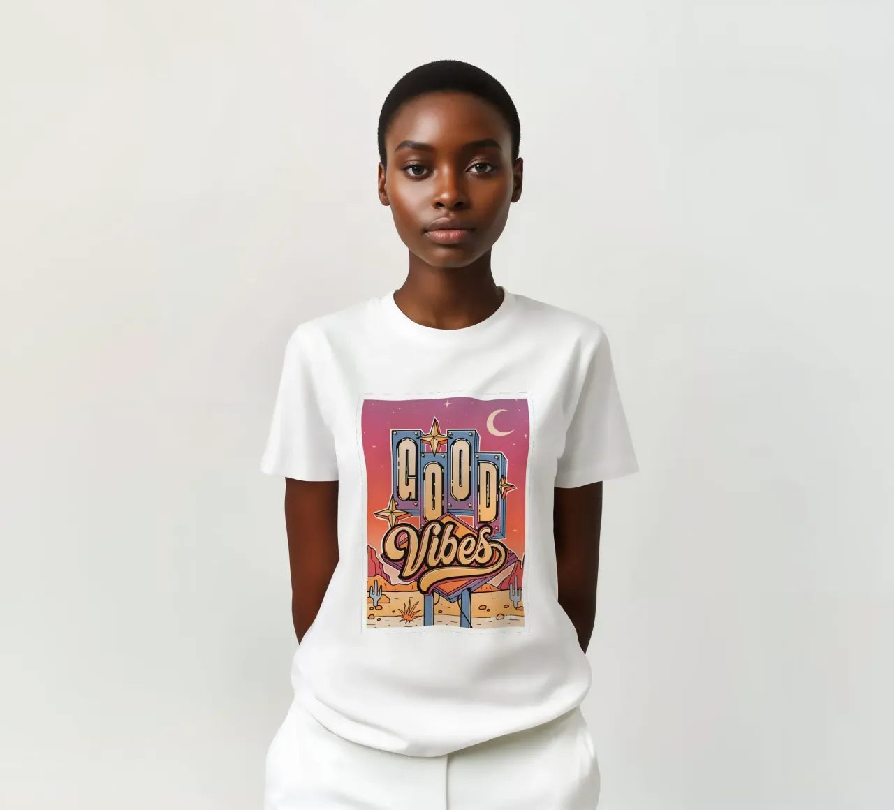 Segno "Good Vibes" Retro Neon Pop Art Groovy stampato t-shirt da NorwesClub