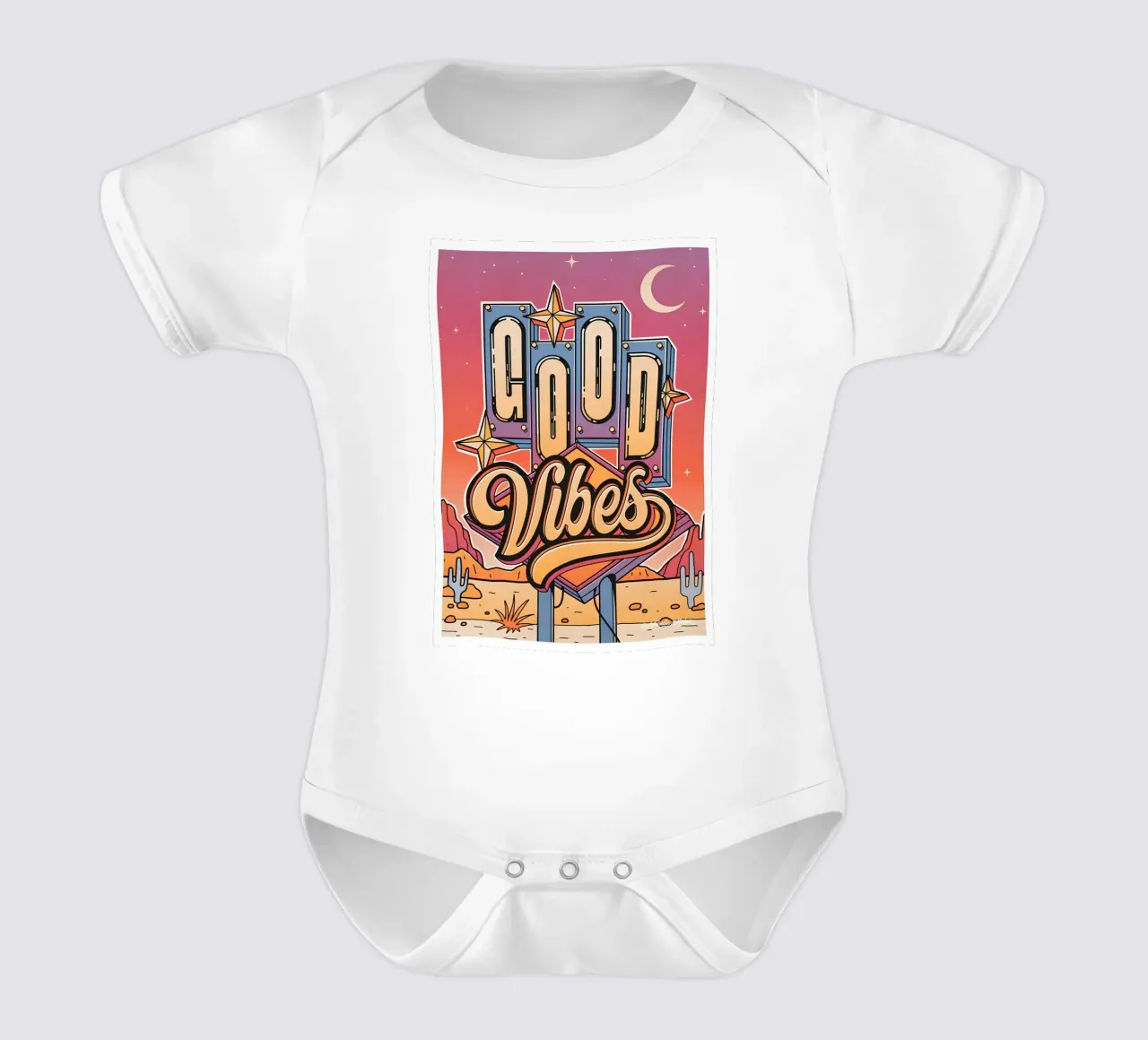 "Good Vibes" Retro Neon Pop Art Groovy Sign Print body de bebé de NorwesClub