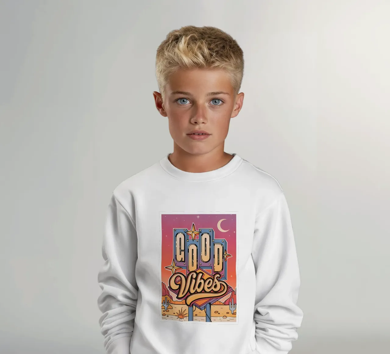 Segno "Good Vibes" Retro Neon Pop Art Groovy stampato felpa bambino da NorwesClub