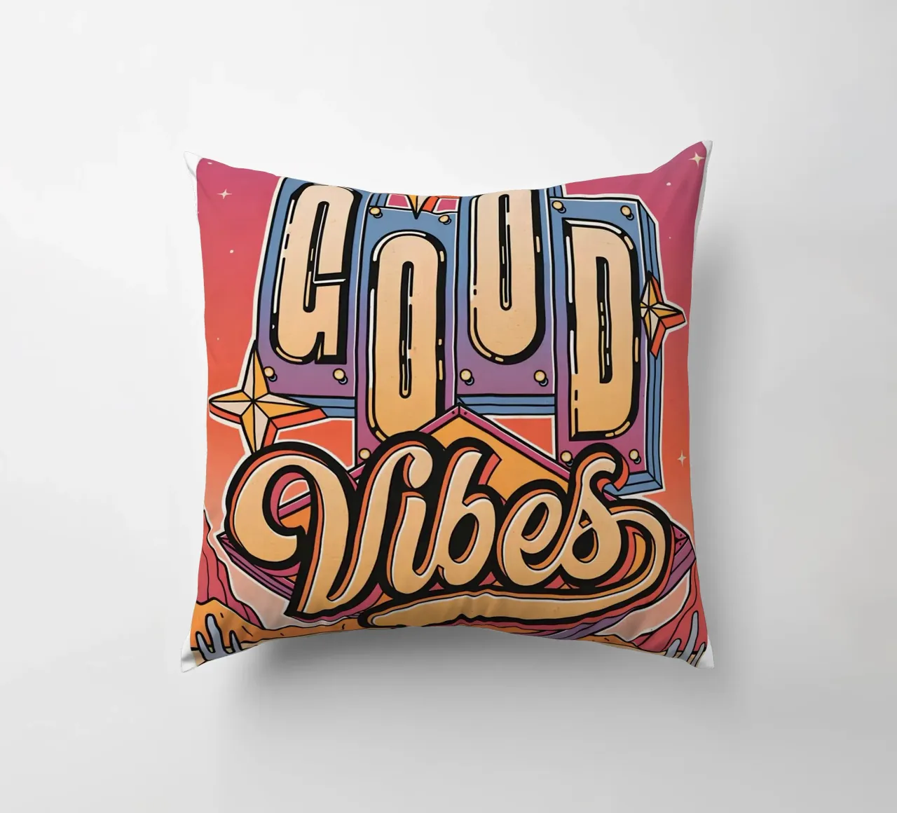 Segno "Good Vibes" Retro Neon Pop Art Groovy stampato cuscino da NorwesClub