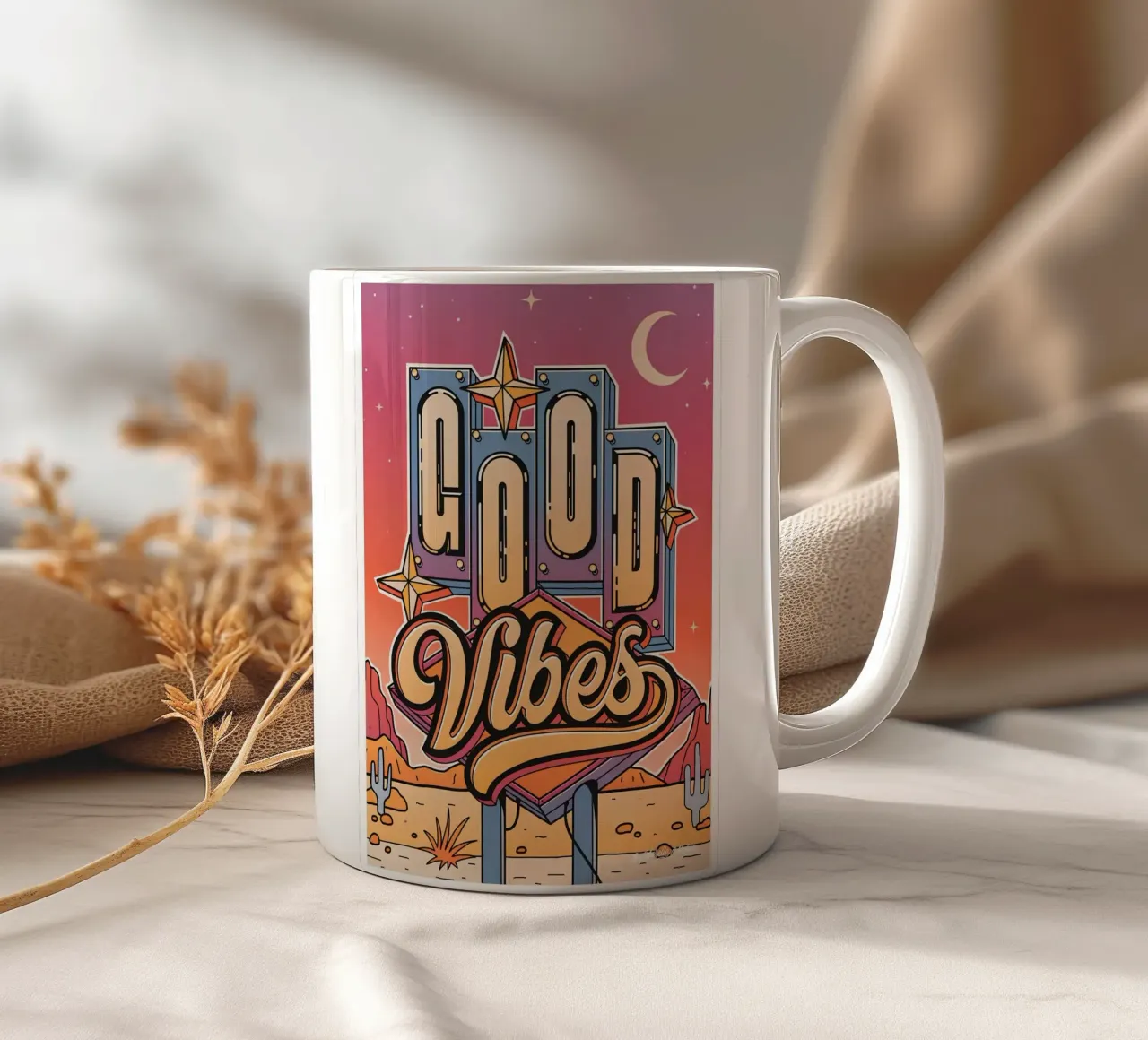 Segno "Good Vibes" Retro Neon Pop Art Groovy stampato tazza in ceramica da NorwesClub