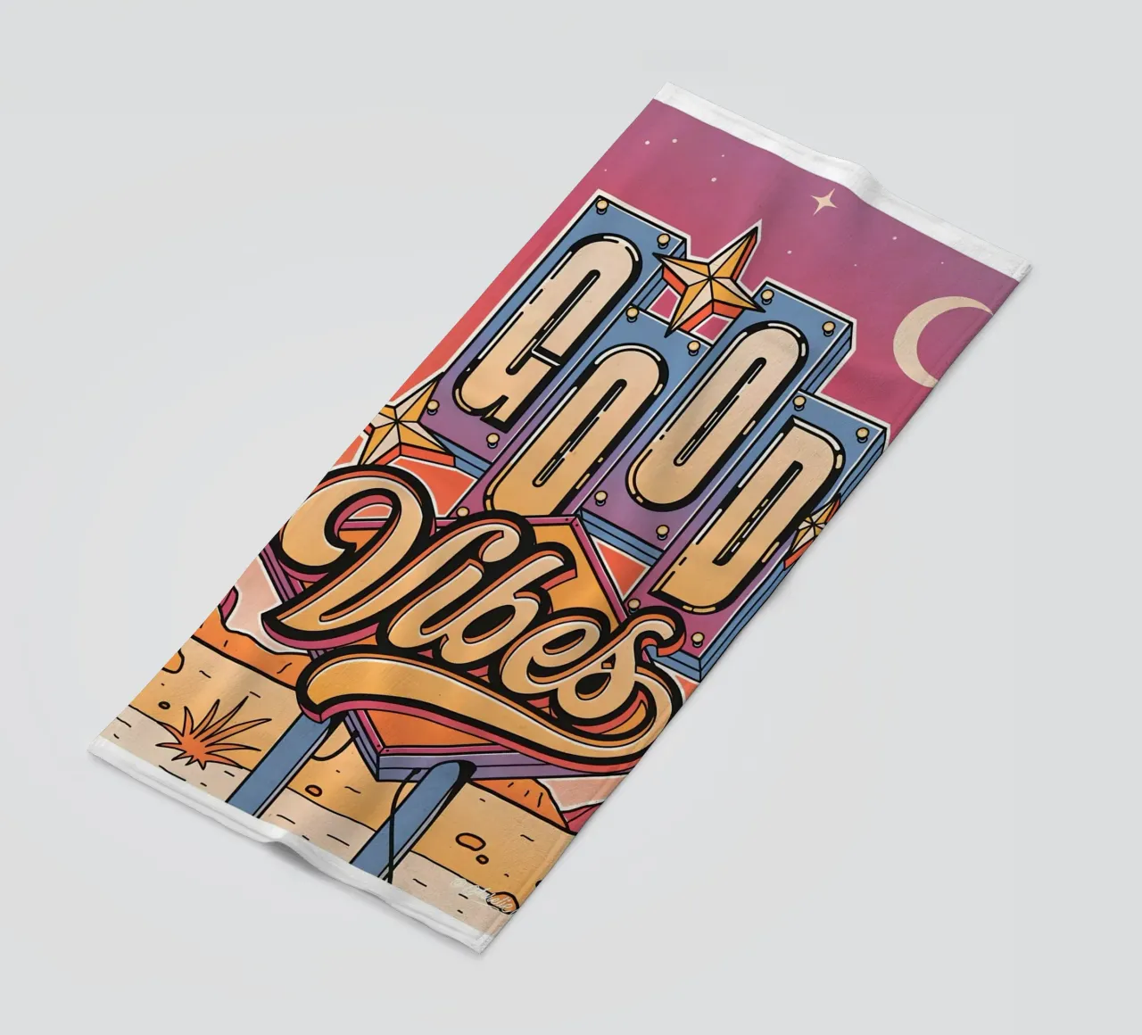 Segno "Good Vibes" Retro Neon Pop Art Groovy stampato telo mare da NorwesClub