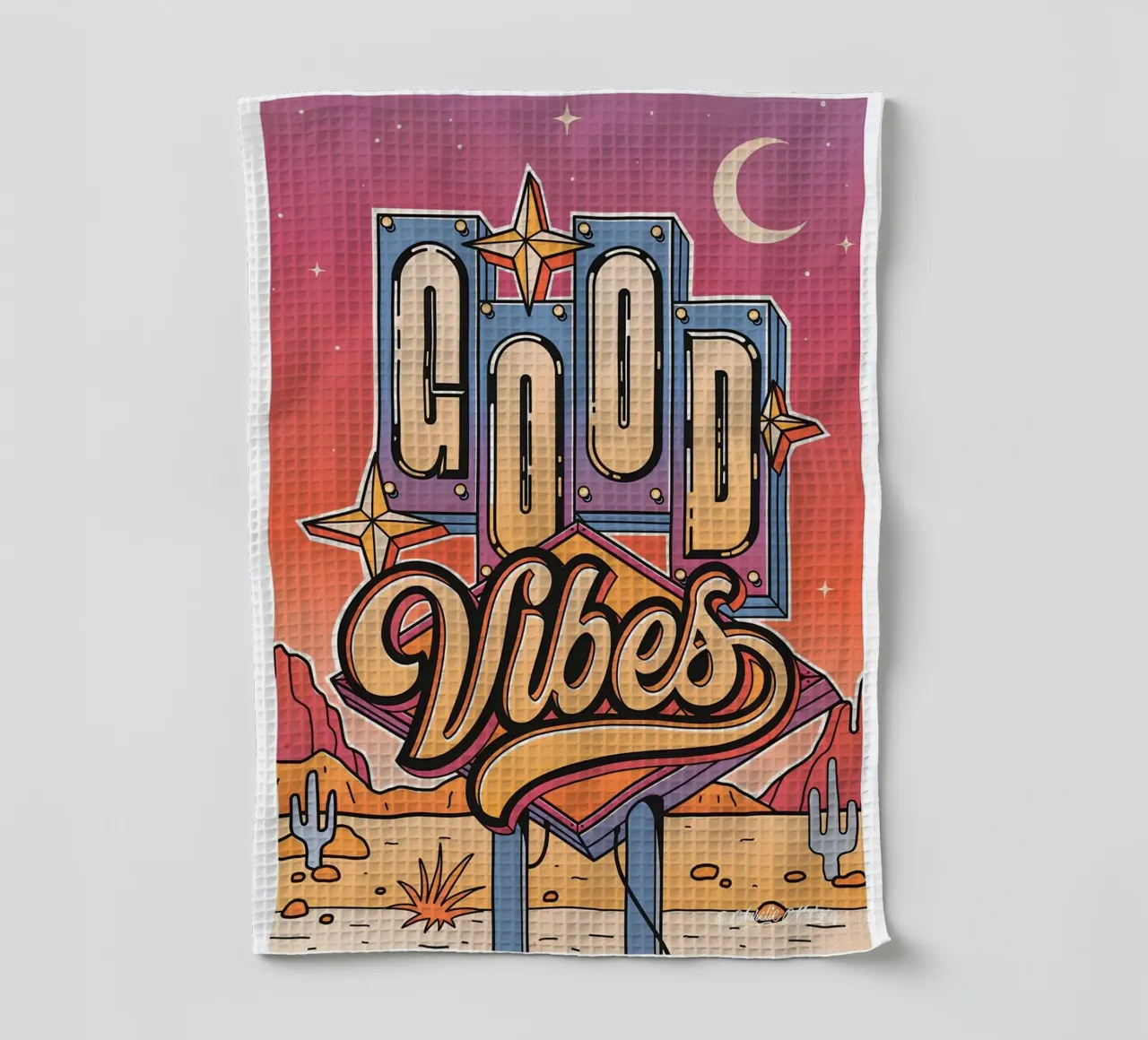 "Good Vibes" Retro Neon Pop Art Groovy Sign Print torchon de NorwesClub