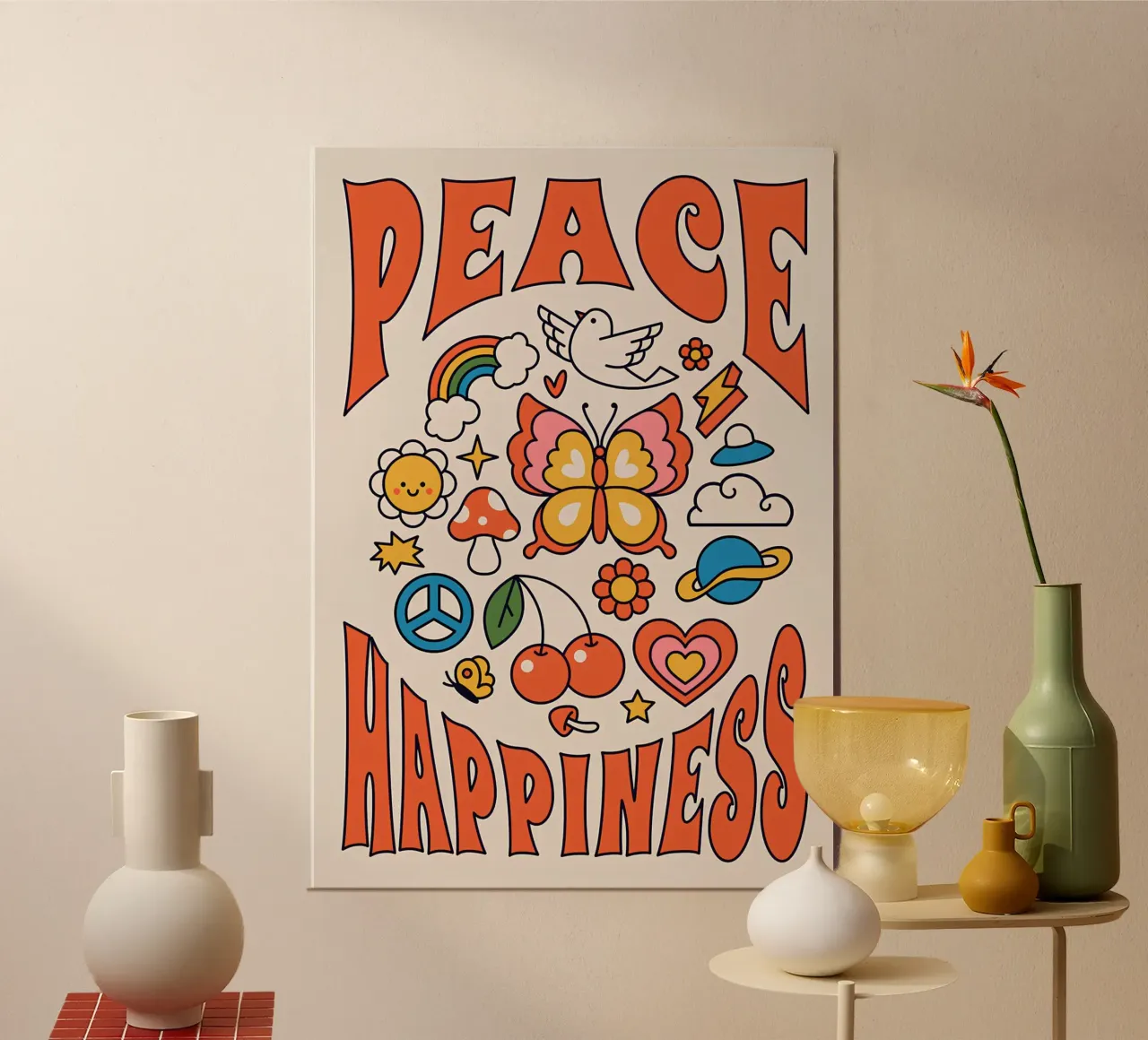 "Pace e felicità" Retro Psychedelic Floral Sun Pop Art alluminio dibond da NorwesClub