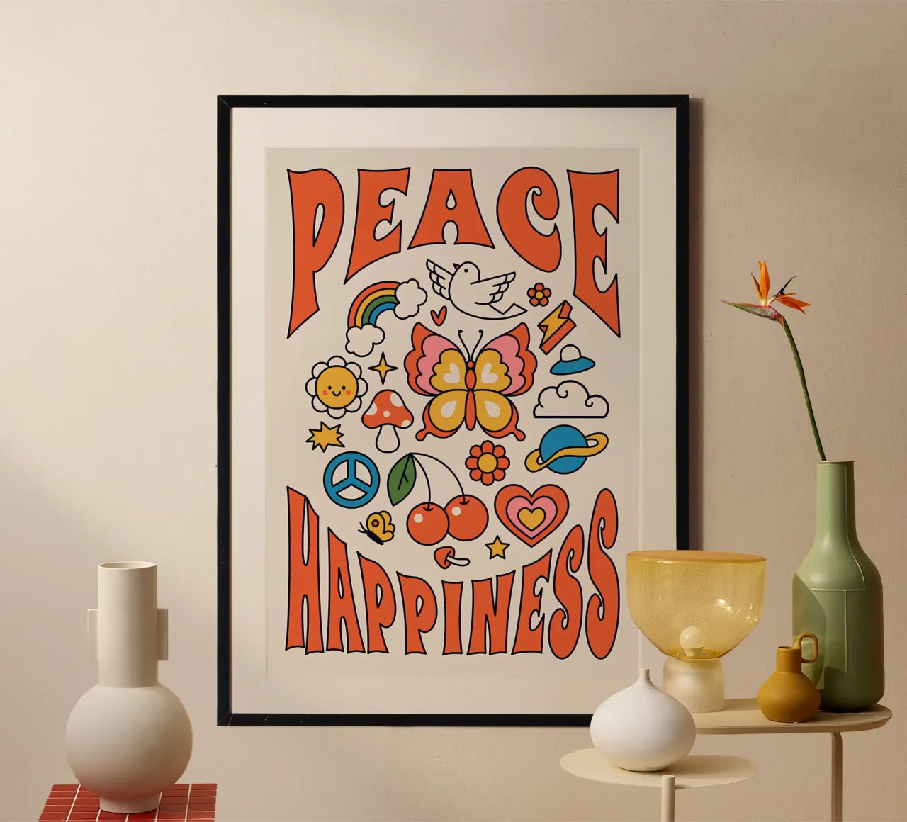 "Pace e felicità" Retro Psychedelic Floral Sun Pop Art carta hahnemühle da NorwesClub