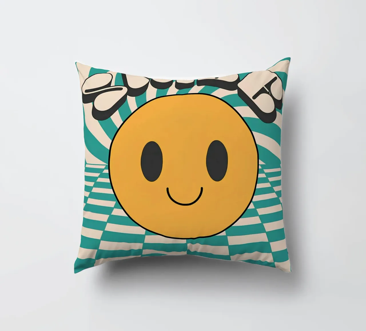 "Smile" Faccia felice groovy Retro Pop Art Stampa gialla cuscino da NorwesClub