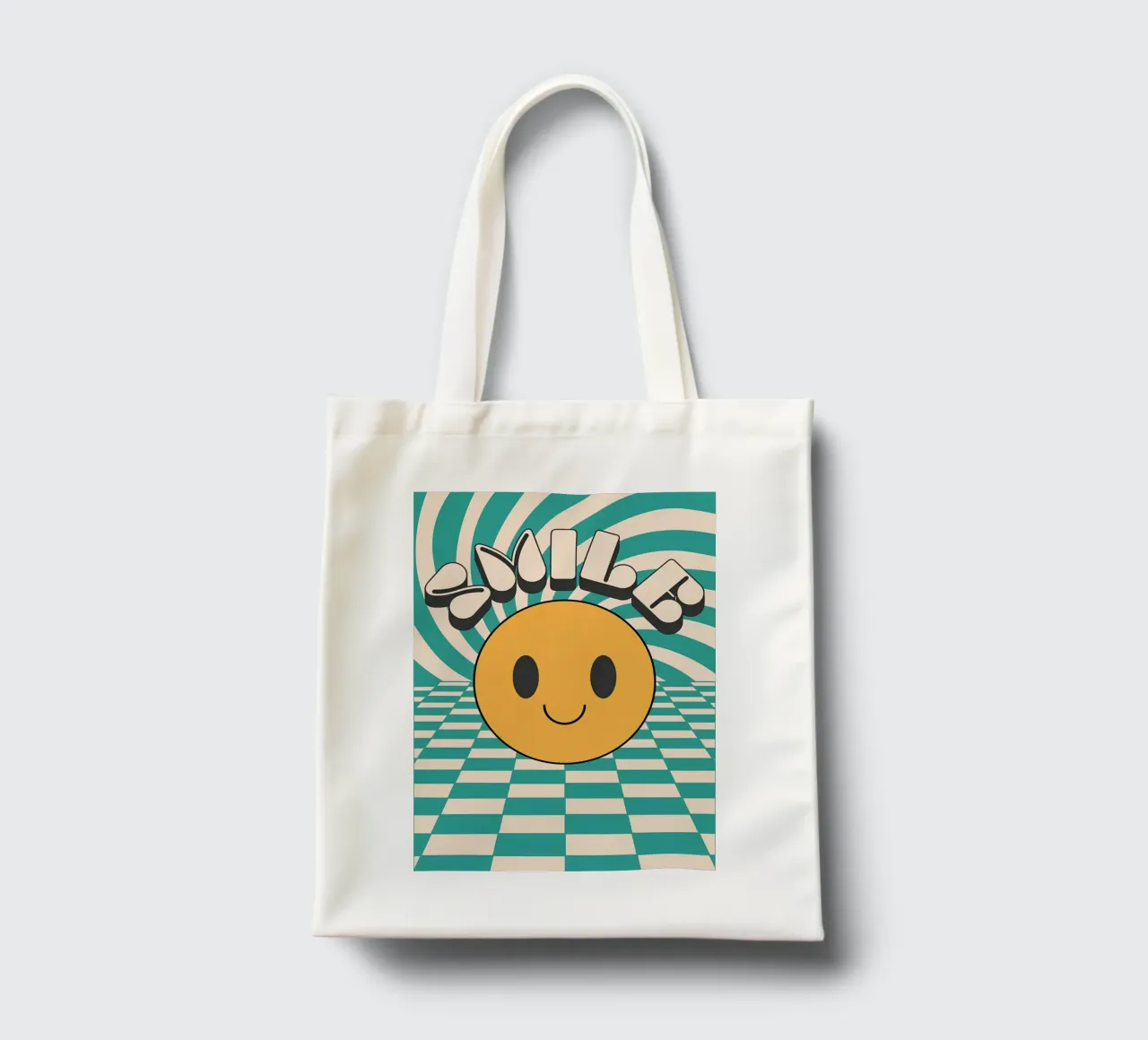 "Smile" Groovy Happy Face Retro Pop Art Yellow Print tote bag by NorwesClub