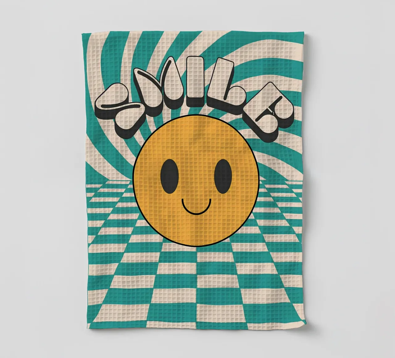 "Smile" Groovy Happy Face Retro Pop Art Yellow Print torchon de NorwesClub