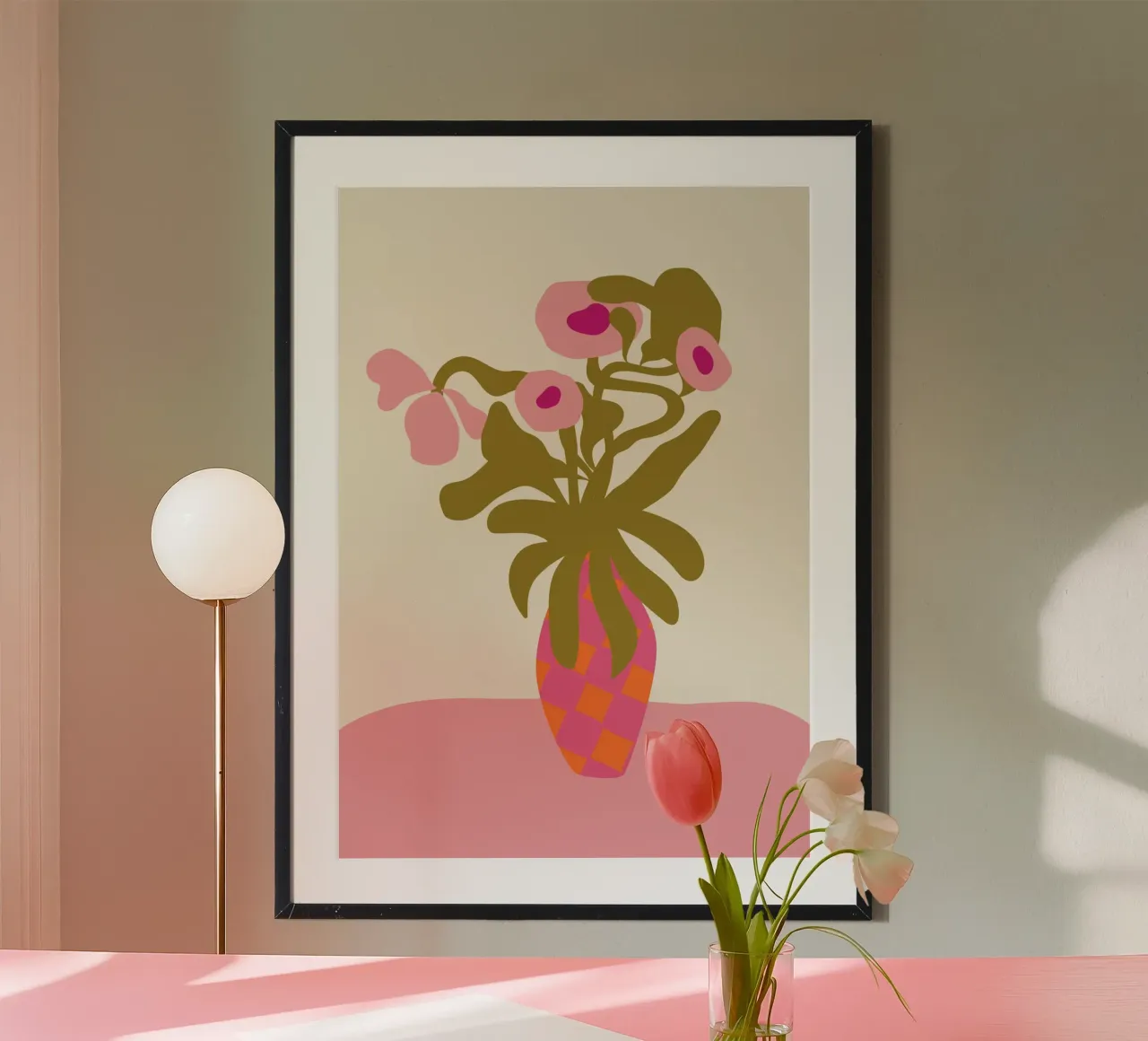 Lucila Perini Abstraktes Blumenstillleben Rosa Vase Kunst Poster mit Kunststoffrahmen von NorwesClub