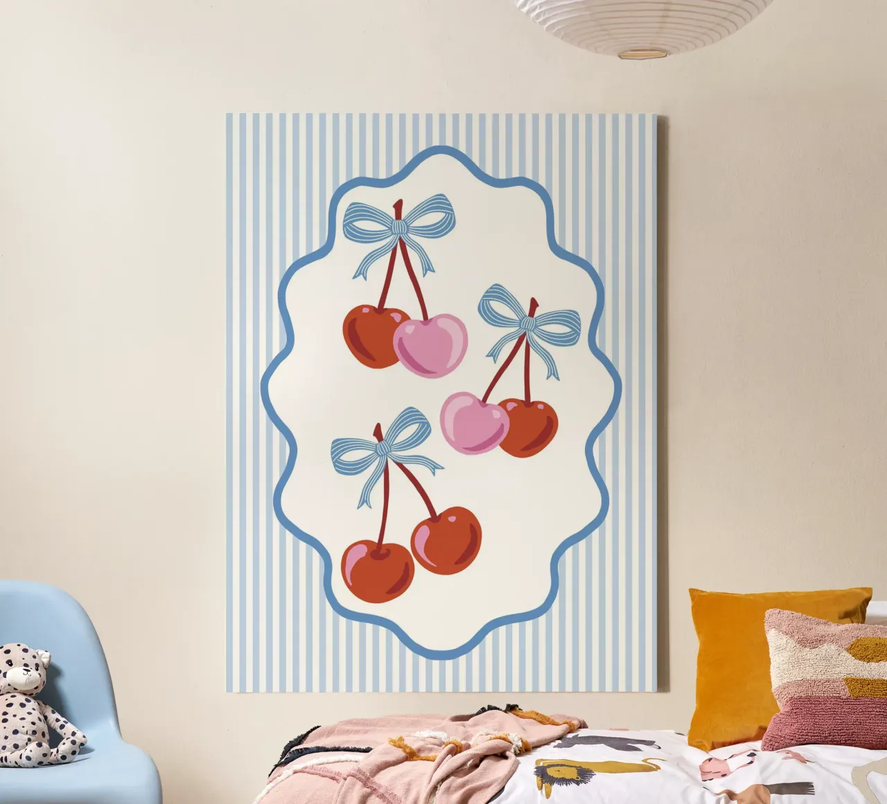 Coquette cherries with blue ribbons and stripes canvas by Vivdesign