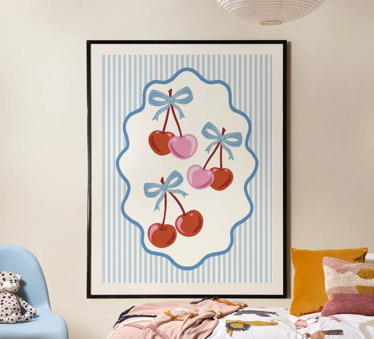 Coquette cherries with blue ribbons and stripes poster con telaio in alluminio da Vivdesign