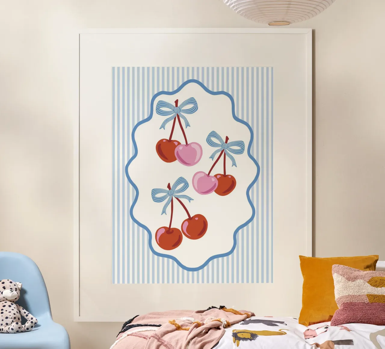 Coquette cherries with blue ribbons and stripes poster con telaio in alluminio da Vivdesign