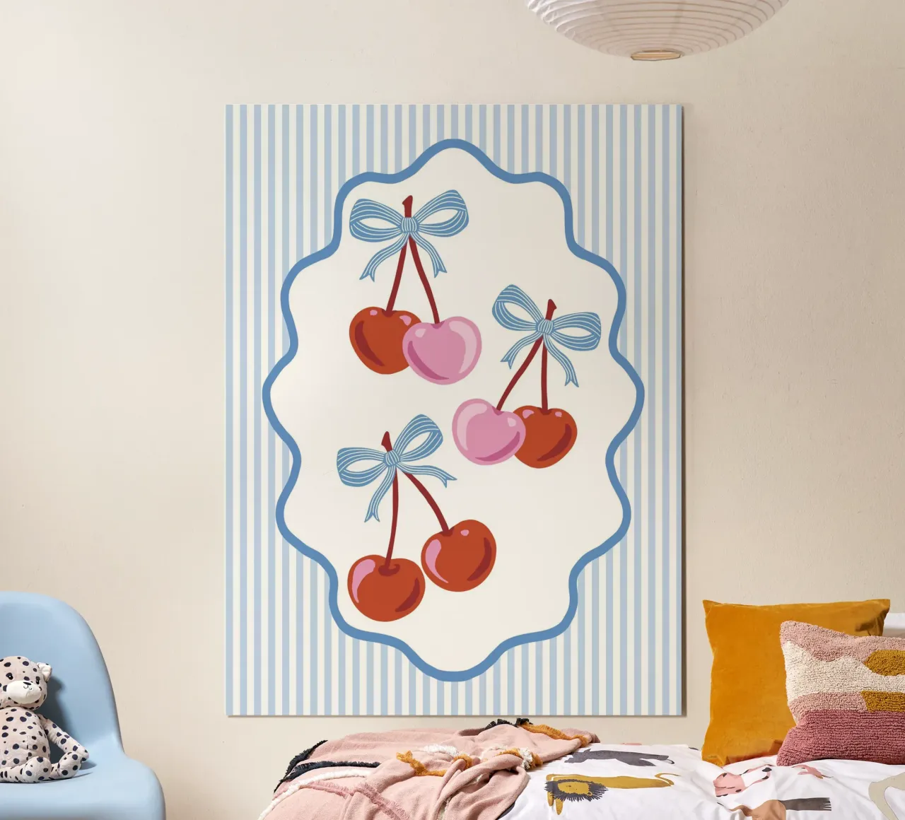 Coquette cherries with blue ribbons and stripes poster con telaio in alluminio da Vivdesign