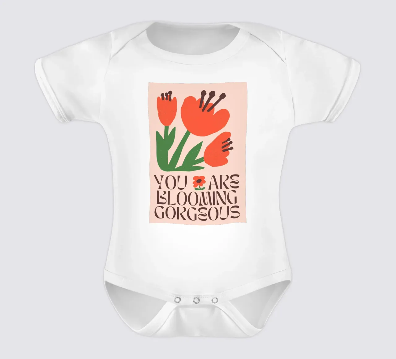 "Blooming Gorgeous" Retro Valentine's Floral Pop Art Druck Kurzarm Babybody von NorwesClub