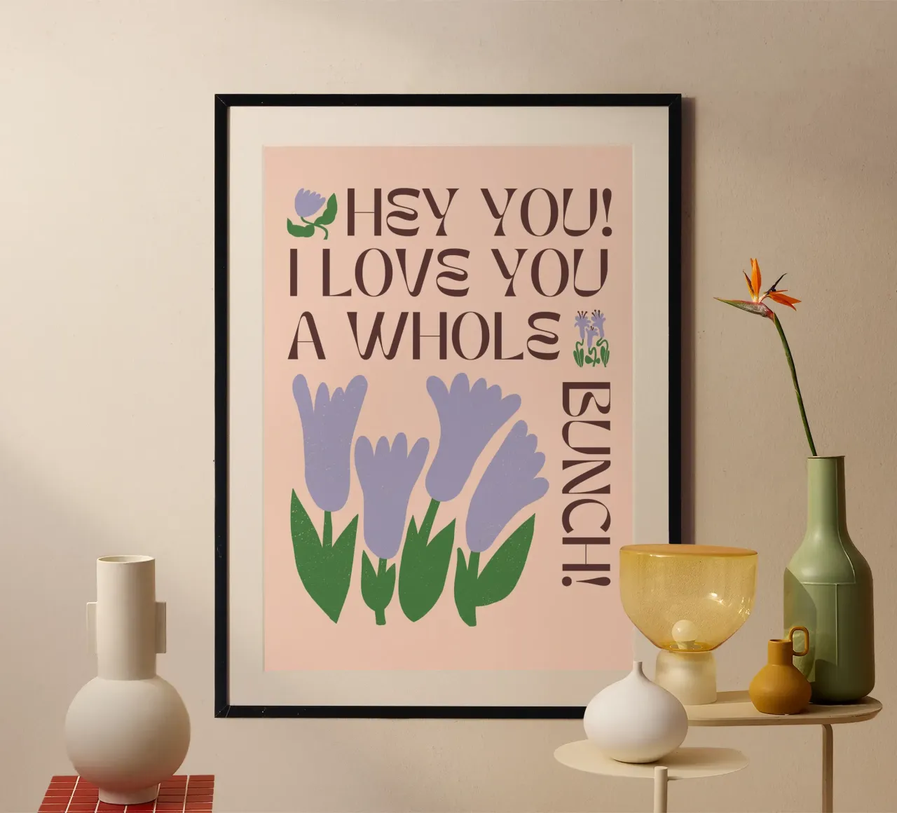 "Amore" Retro Floral Pink Tulip Pop Art Natura morta poster con telaio in legno da NorwesClub