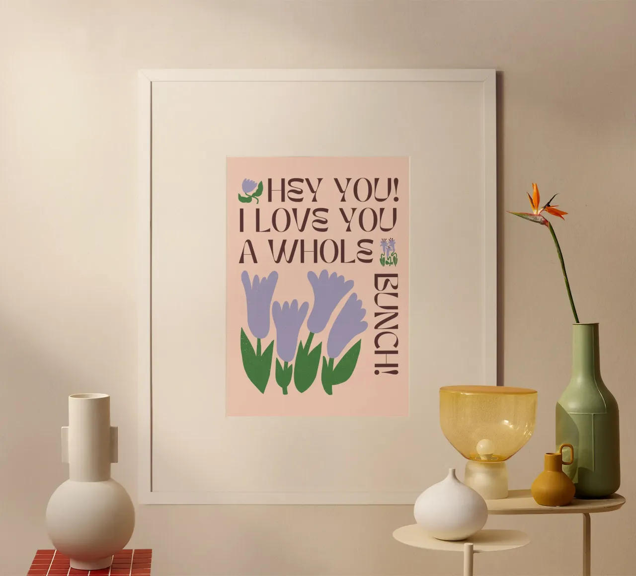 "Amore" Retro Floral Pink Tulip Pop Art Natura morta poster con telaio in legno da NorwesClub