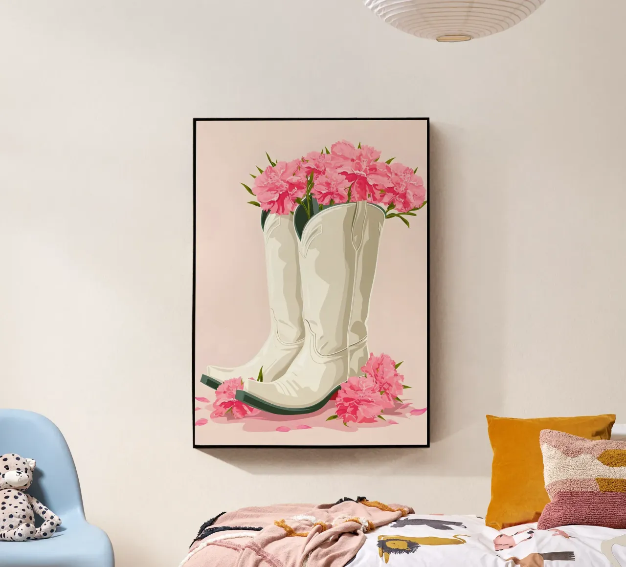Botas de vaquera rosa Retro Western Floral Pop Art Print metacrilato de NorwesClub