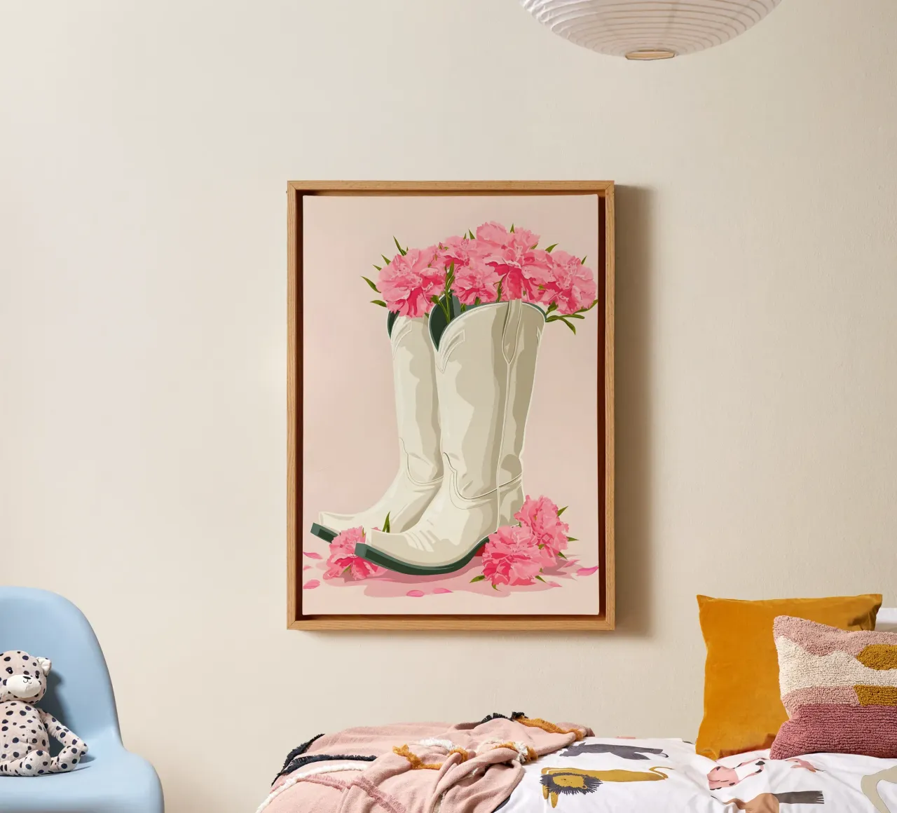Botas de vaquera rosa Retro Western Floral Pop Art Print lienzo con Marco flotante de NorwesClub
