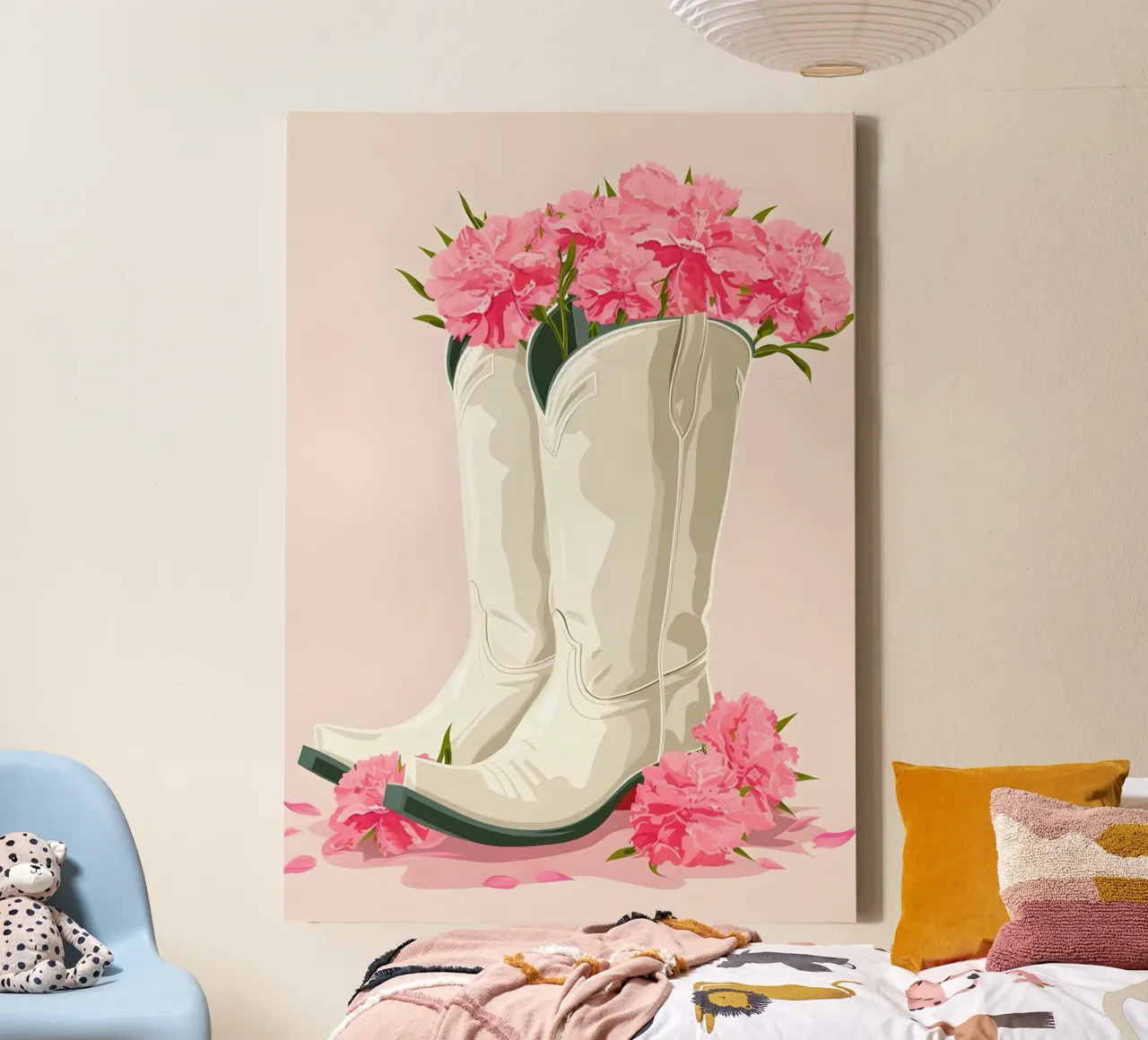 Botas de vaquera rosa Retro Western Floral Pop Art Print lienzo con Marco flotante de NorwesClub