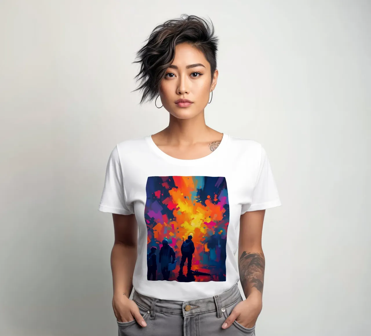 Three figures gaze at a vibrant explosion of color amidst women's fitted t-shirt by DesignDoodle