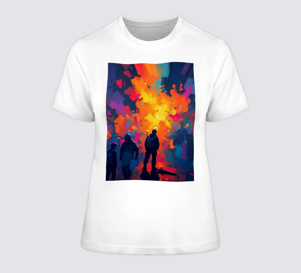 Three figures gaze at a vibrant explosion of color amidst women's fitted t-shirt by DesignDoodle