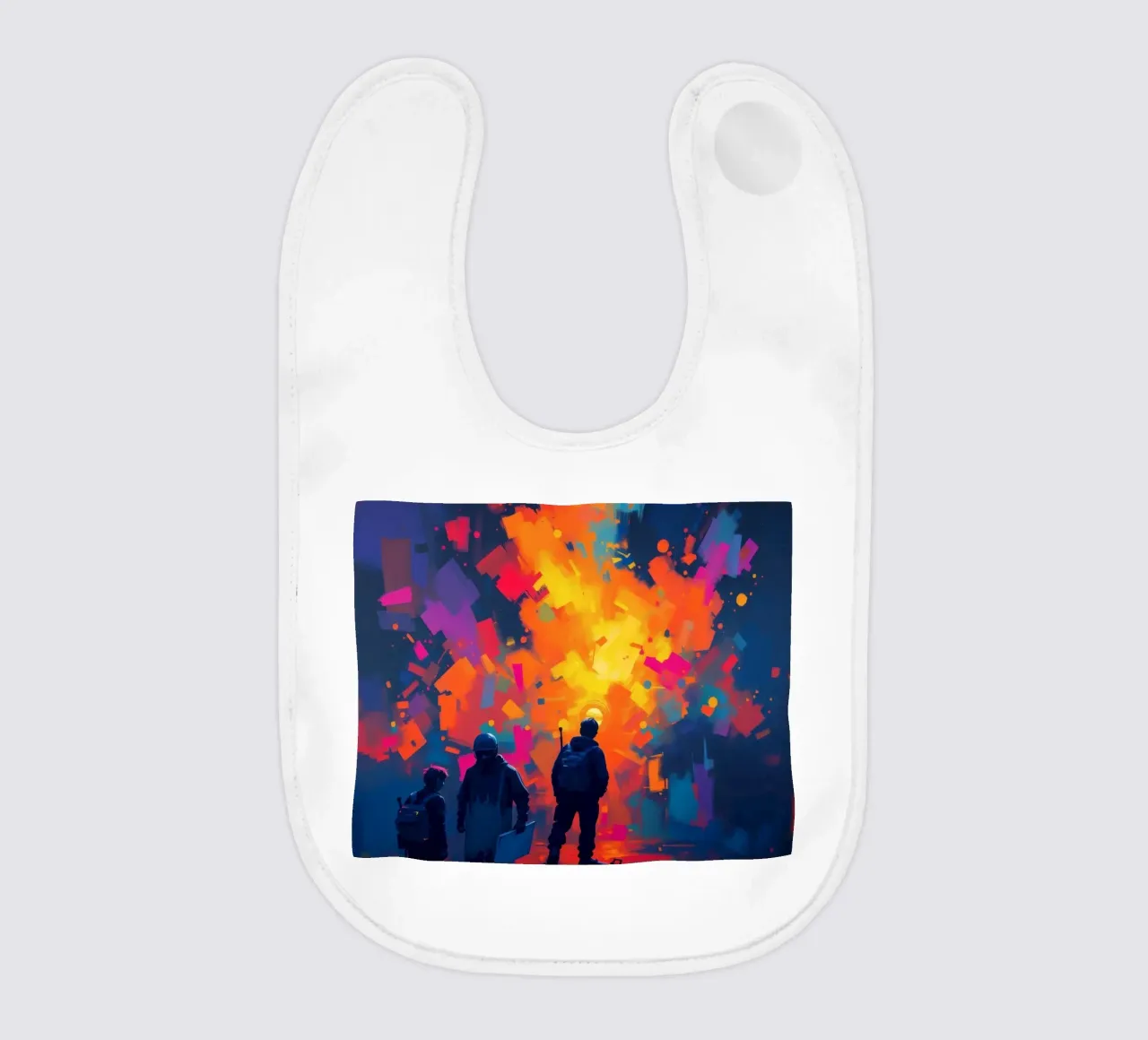 Tre figure guardano una vibrante esplosione di colore in mezzo a bavaglino da DesignDoodle