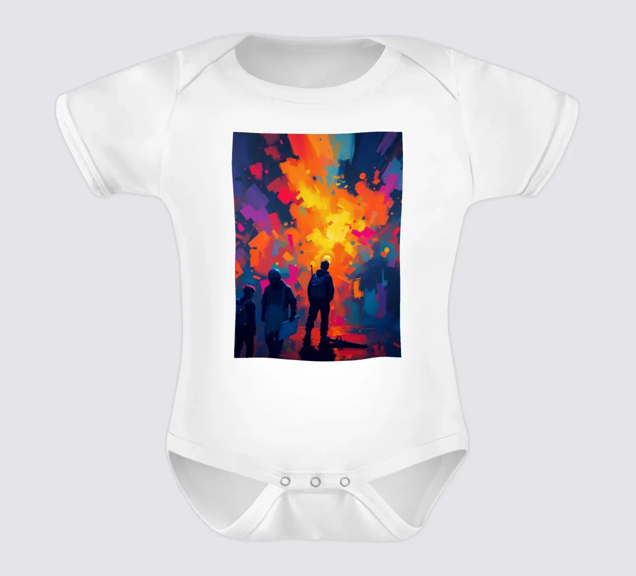 Three figures gaze at a vibrant explosion of color amidst short-sleeve baby romper by DesignDoodle