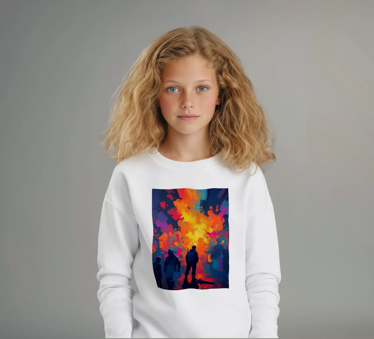 Tre figure guardano una vibrante esplosione di colore in mezzo a felpa bambino da DesignDoodle